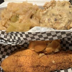 Catfish filet, cabbage, dressing w/gravy (cranberry sauce not pictured)