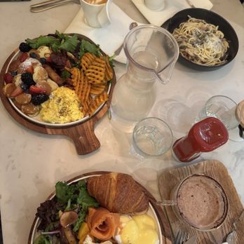 Light Cafe - Bacon carbonara pasta, mini pancakes breakfast meal and salmon breakfast meal - Cafes Near Me - Toronto, Ontario