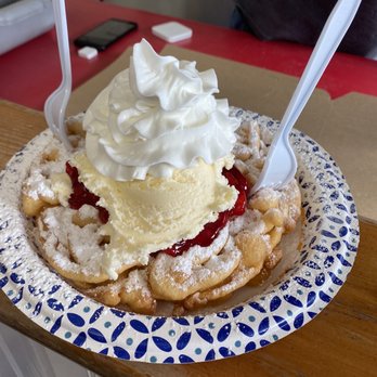 Funnel Cake Factory - Strawberry pie funnel cake without the chocolate syrup! - Bakeries Near Me - Pigeon Forge, Tennessee Funnel Cake Factory - Strawberry pie funnel cake without the chocolate syrup! - Bakeries Near Me - Pigeon Forge, Tennessee