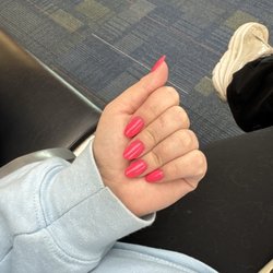 Apple Nails - Short, almond shaped, acrylic nails in this fun, bright pink color (557 hot raspberry gel polish)