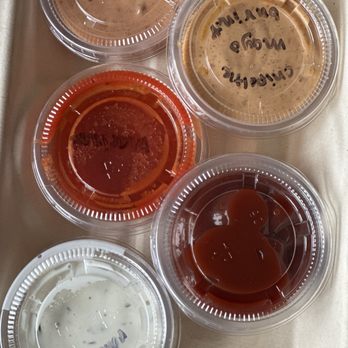 Ghostwood Kitchen - Sauces for the appetizer sampler, look what the Angel did? Wrote the sauce names on the lids! So sweet! - Cocktail Bars Near Me - Redwood City, California Ghostwood Kitchen - Sauces for the appetizer sampler, look what the Angel did? Wrote the sauce names on the lids! So sweet! - Cocktail Bars Near Me - Redwood City, California