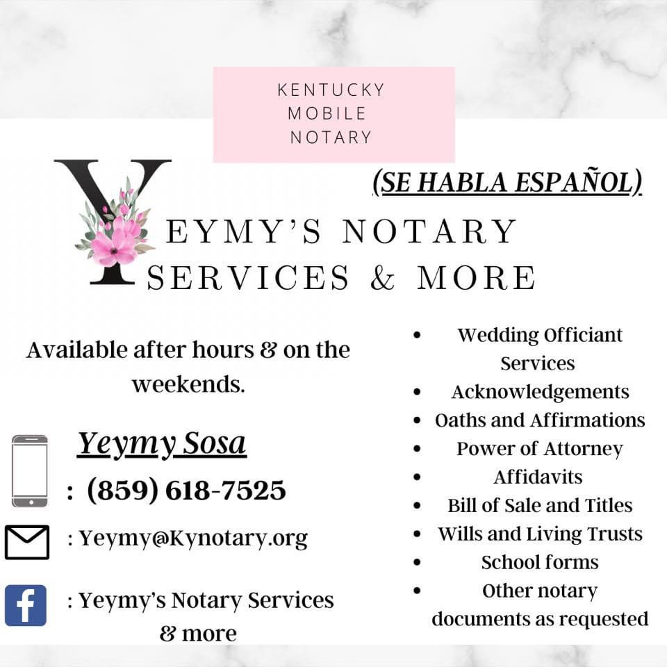 YEYMY’S NOTARY SERVICES & MORE 260 Crossfield Dr, Versailles