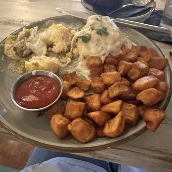 Root Cellar Cafe - Hill Country Breakfast with over easy eggs vs scrambled!! So good! - Breakfast & Brunch Near Me - New Braunfels, Texas