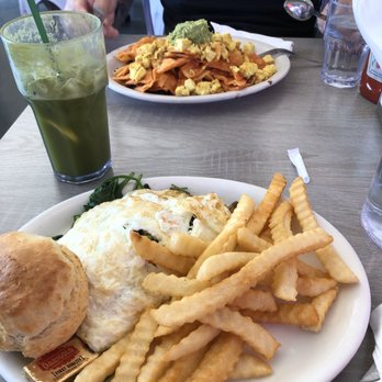 Millie's Cafe - Pasadena - Veggie egg white omelette with a side of fries, biscuit, and matcha Palmer. - Breakfast & Brunch Near Me - Pasadena, California