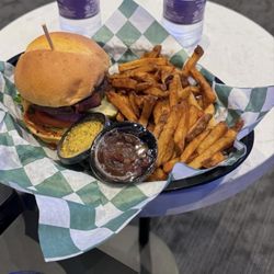 Sports Bar & Grill - Bacon Cheddar Bacon Burger, Bucket of Fresh Cut Chips or Fries, water