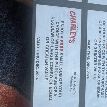 Charleys Cheesesteaks - Coupon they would not take - New American Near Me - Orlando, Florida Charleys Cheesesteaks - Coupon they would not take - New American Near Me - Orlando, Florida
