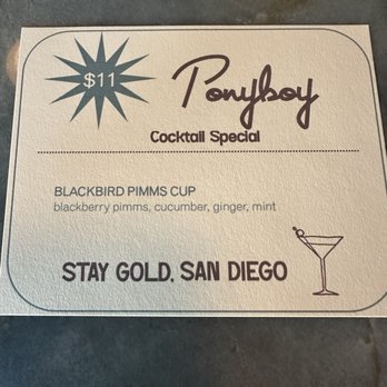 Ponyboy - Menu - Happy Hour drink special - Lounges Near Me - San Diego, California