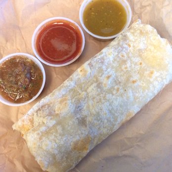 Taco Villa - Triton breakfast burrito with their three salsa options. - Mexican Near Me - La Jolla, California Taco Villa - Triton breakfast burrito with their three salsa options. - Mexican Near Me - La Jolla, California