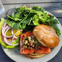 Wild Catch Cafe - Fresh Salmon (Silver) Burger w/ a side of Salad