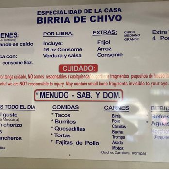 El Cabrito - Birria de Chivo ... (No vendemos Birria de Res) Hay Tacos Burritos Quesadillas Tortas - y las otras carnes - Mexican Near Me - Pomona, California