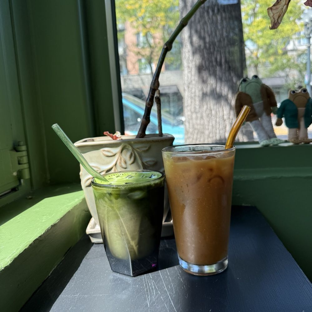 Our Spot - lavender matcha latte (left), cold brew w splash of oat milk (right) - Coffee & Tea Near Me - Portland, Oregon