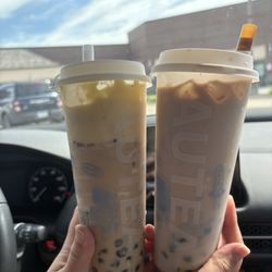 Mashed taro w/ boba & Carmel bubble w/ puff cream boba