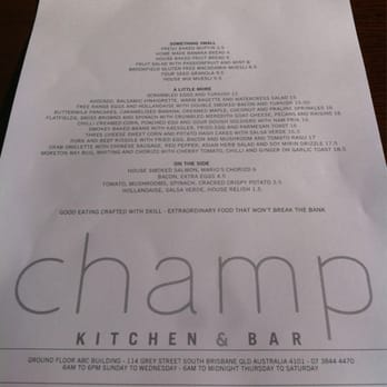 Champ Kitchen & Bar - Menu to which Beck W says, "Nice Stock!" - Restaurants Near Me - South Brisbane, QLD