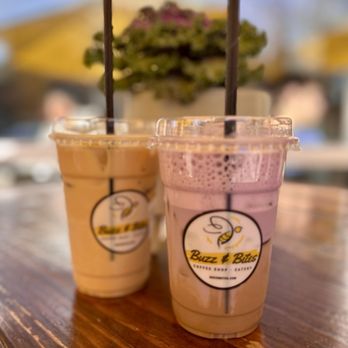Buzz & Bites - 16 oz. Iced Buzz Lavender Latte, Iced Ube Cloud - both delicious - Coffee & Tea Near Me - Houston, Texas