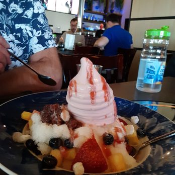 Harmony Korean BBQ - Dessert: snow ice with fresh fruit, mochi bits, sweet bean paste, ice cream with strawberry rhubarb drizzle.  Whoa! - Korean Near Me - Bloomington, Illinois