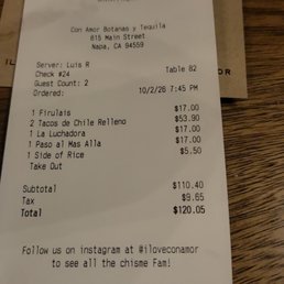 Here's our bill. We were late. My friend had one more drink to go, not on this bill.
