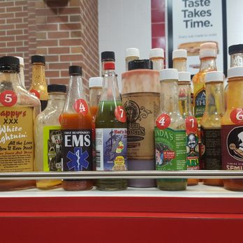 Firehouse Subs - Lots of hot sauce numbered 1 - 10. 10 being the hottest. - Sandwiches Near Me - Baton Rouge, Louisiana Firehouse Subs - Lots of hot sauce numbered 1 - 10. 10 being the hottest. - Sandwiches Near Me - Baton Rouge, Louisiana