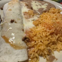 El Parian - Beef burrito with cheese and enchilada sauce, and a side of rice and beans