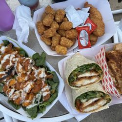 Two Smooth Dudes - buffalo chicken salad, buffalo chicken wrap, and kids tots and chicken tenders