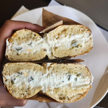 Fluffy Donut Cafe & Bagels - Cheddar herb bagel w/ cheddar jalapeno cream cheese - Donuts Near Me - Bellevue, Washington Fluffy Donut Cafe & Bagels - Cheddar herb bagel w/ cheddar jalapeno cream cheese - Donuts Near Me - Bellevue, Washington