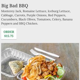 Menu pictures of the Big Bad BBQ salad and descriptions of ingredients while online ordering. Menu pictures of the Big Bad BBQ salad and descriptions of ingredients while online ordering.