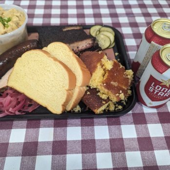 Bar A BBQ - Beefy Sausage, cornbread, brisket, potatoes - Barbeque Near Me - Montgomery, Texas