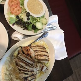 Chicken Alfredo and a side salad with honey mustard dressing