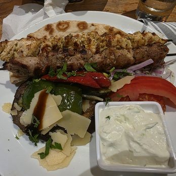 Plateia Mediterranean Kitchen Bar - Chicken and Pork skewers with vegetables - Bars Near Me - Glenview, Illinois