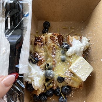 Dandelion Cafe - French toast with a plastic fork as reference, definitely not what you see when you look at past reviews - Coffee & Tea Near Me - Bellaire, Texas