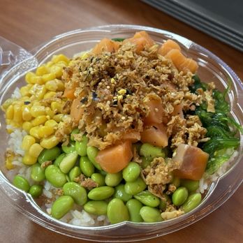 Coark Collective Food Hall - Poke bowl with salmon, seaweed salad, edamame, corn, crunch and ponzu sauce.  I would probably get the traditional sauce next time. - Desserts Near Me - Centennial, Colorado