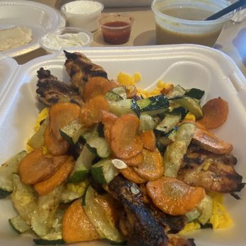 Nasim’s kabab - Chicken kebabs- each entree comes with rice, veggies, pita  and a soup or salad! The veggies were delicious - Mediterranean Near Me - Mooresville, North Carolina