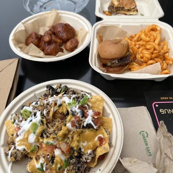 Trap Vegan - Outside patio Loaded Nachos Deep-Fried Cauliflower Slider Meal with curly fries - Vegan Near Me - Detroit, Michigan Trap Vegan - Outside patio Loaded Nachos Deep-Fried Cauliflower Slider Meal with curly fries - Vegan Near Me - Detroit, Michigan