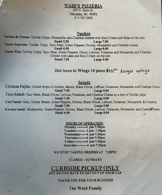 Menu photo 1 Waid's Pizzeria Tekonsha, MI