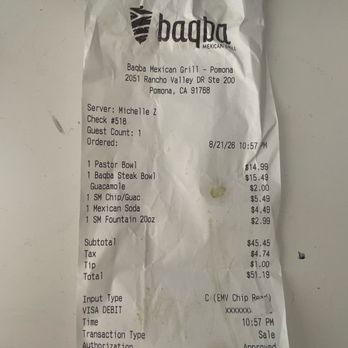 Baqba Mexican Grill - Amount paid - New Mexican Cuisine Near Me - Pomona, California
