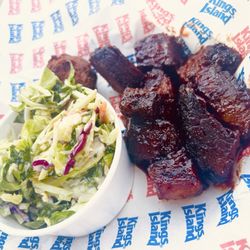Coney Bar B Que At Kings Island - Burnt ends with Cole slaw and a hush puppy. Delish!