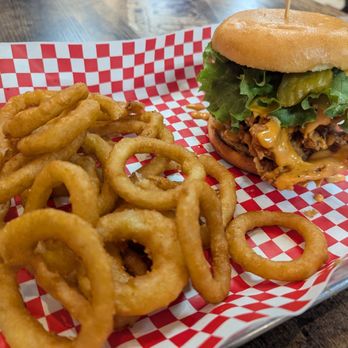 6ixside Burger - Onion rings with Blackcreek chicken burger - Burgers Near Me - Pickering, Ontario