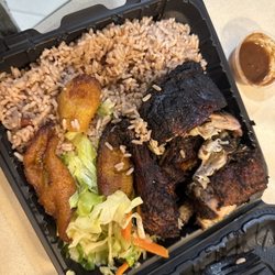 The Jerk Stop - Jerk chicken rice and peas vegetables and sweet plantain