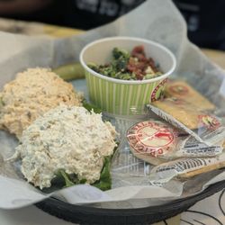 Chicken Salad Chick - 2 scoops and one side. Jalepeno holly and kickin kay with broccoli salad.