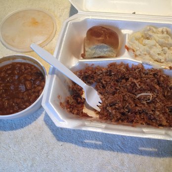 Bar-B-Que Wagon - BBQ pulled pork platter with rolls, mashed potatoes and baked beans. I had already eaten some including 1 of the rolls! So good! - Barbeque Near Me - Bryson City, North Carolina