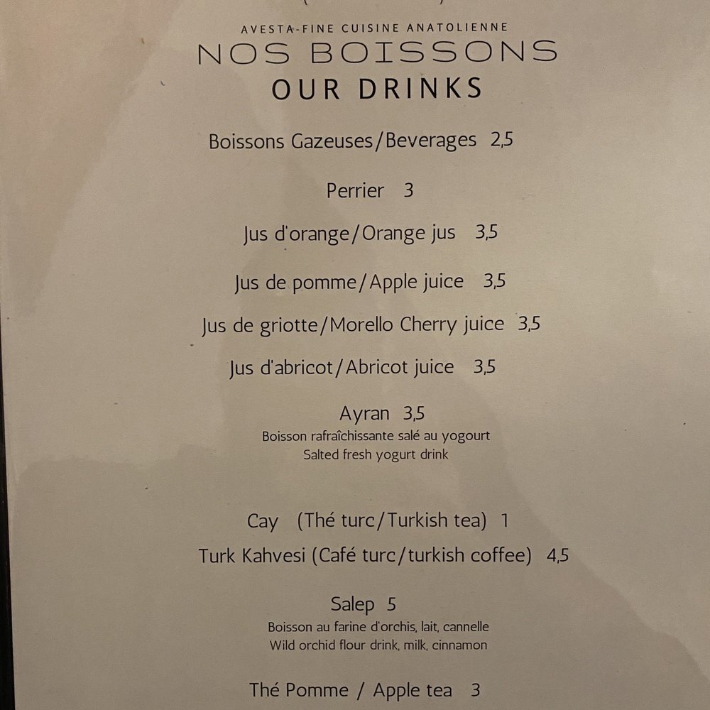 Avesta - Drink menu - Turkish Near Me - Montreal, Quebec
