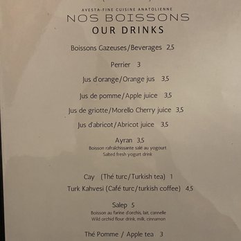 Avesta - Drink menu - Turkish Near Me - Montreal, Quebec