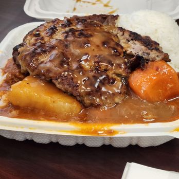 Lucky Box Restaurant - Special Mixed Plate - Hamburger Steak, Teri Beef, and Beef Stew. - Chinese Near Me - Honolulu, Hawaii