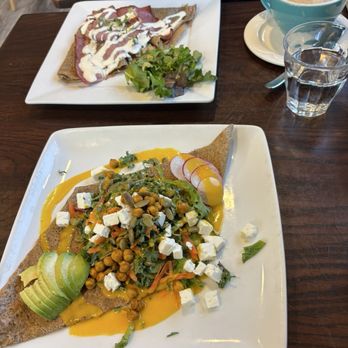 EPICanmore - Buddha Garden crepe and Alpine Sunshine Crepe with a flat white coffee - Creperies Near Me - Canmore, Alberta EPICanmore - Buddha Garden crepe and Alpine Sunshine Crepe with a flat white coffee - Creperies Near Me - Canmore, Alberta