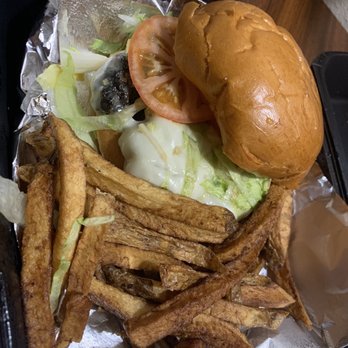 The Hangar - Build a Burger with provolone and Fresh Cut Fries. Not cooked to my liking as asked but overall not bad - American Near Me - Coraopolis, Pennsylvania