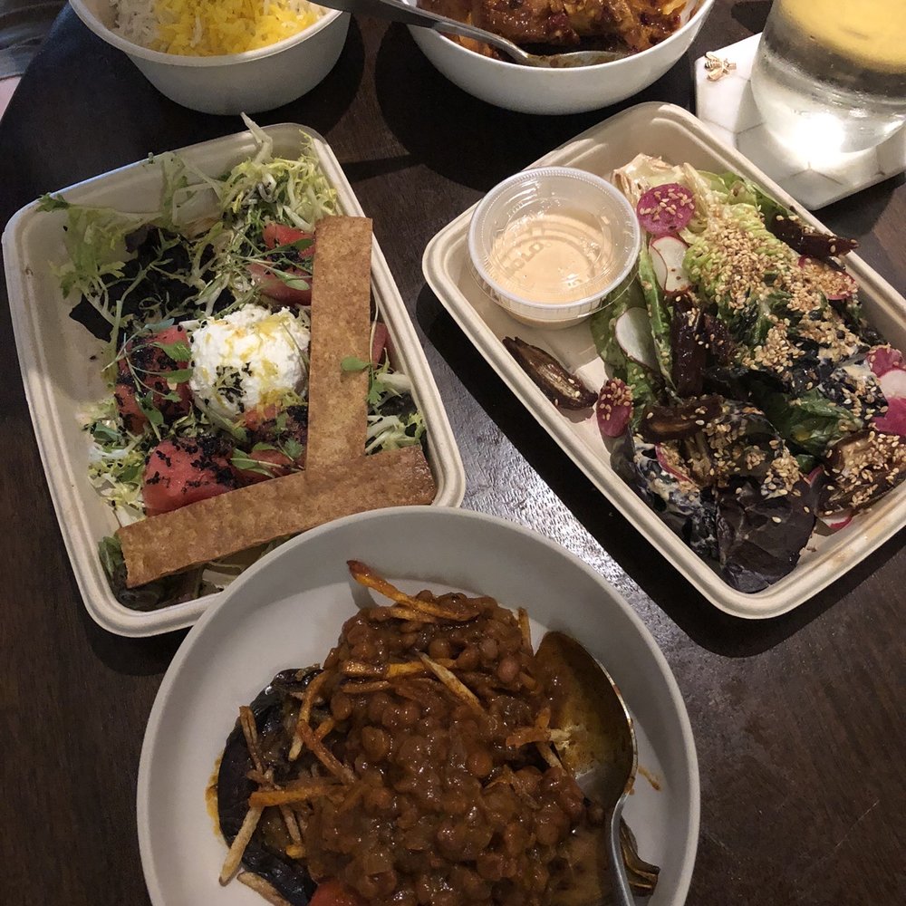 Sofreh - Plum chicken, eggplant stew, watermelon salad, and tahini and date salad - Persian/Iranian Near Me - Brooklyn, New York Sofreh - Plum chicken, eggplant stew, watermelon salad, and tahini and date salad - Persian/Iranian Near Me - Brooklyn, New York