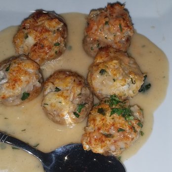Cafe Capuano - Stuffed mushrooms,  crabmeat. You can taste the lemon and oregano.  So good! - Italian Near Me - West Windsor, New Jersey
