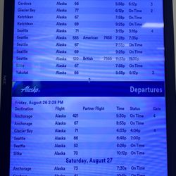 Alaska Airlines - The arrivals and departures board here in Juneau has all Alaska Airlines flights.