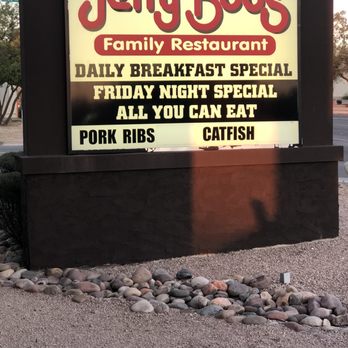 Jerry Bob's - Outside - Outdoor sign for Jerry Bob's Family Restaurant featuring daily breakfast, Friday night special, and menu options like pork ribs and catfish. - Sandwiches Near Me - Tucson, Arizona