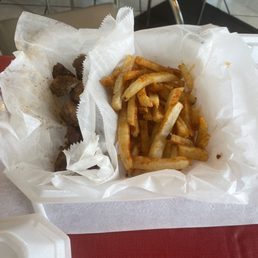 Beef tips and fries lunch portion. Beef tips and fries lunch portion.