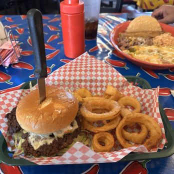 Pepper Pot - Green Chili Cheeseburger with amazing onion rings! - Mexican Near Me - Hatch, New Mexico Pepper Pot - Green Chili Cheeseburger with amazing onion rings! - Mexican Near Me - Hatch, New Mexico